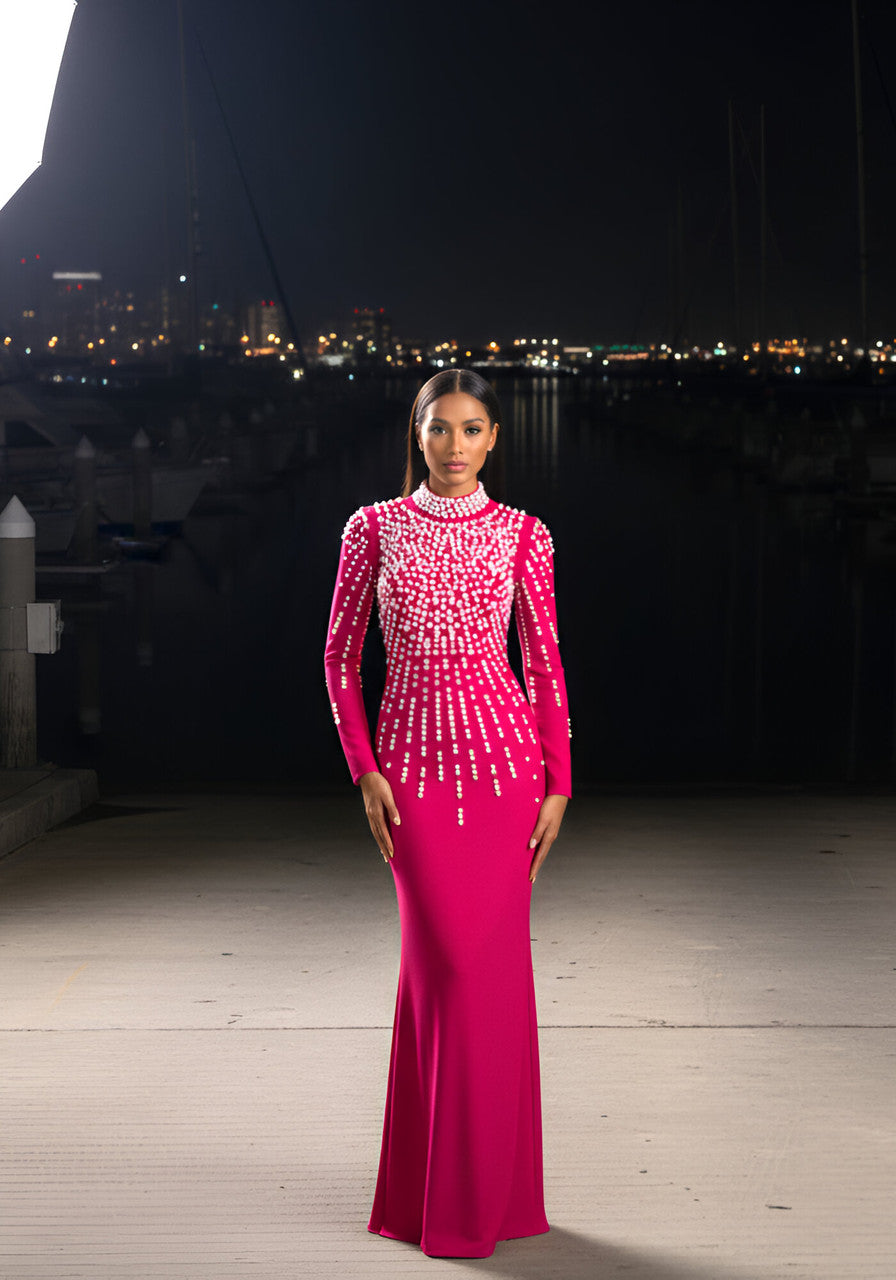 Long Sleeve Pearl Backless Maxi Dress Hot Pink