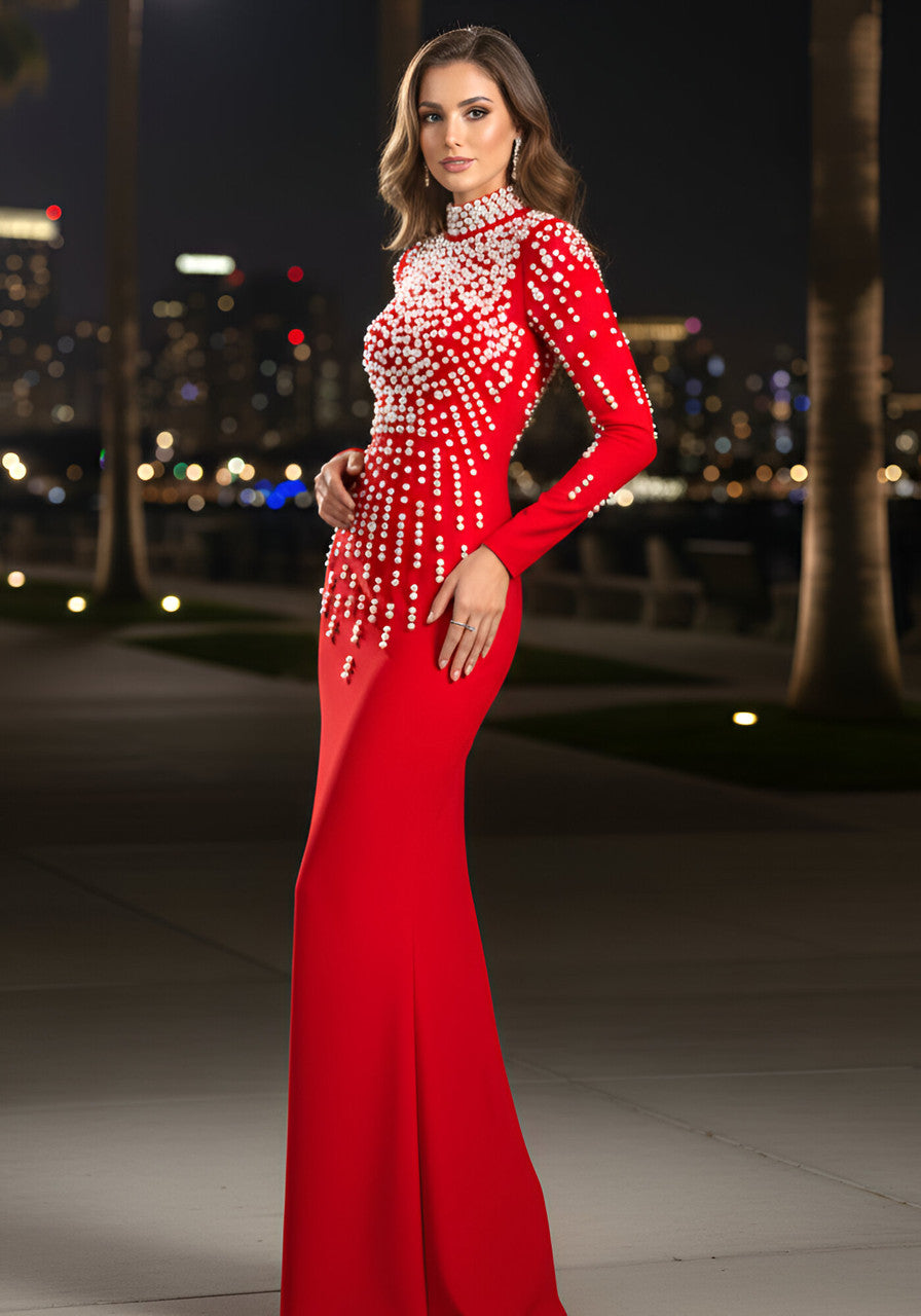 Long Sleeve Pearl Backless Maxi Dress Red