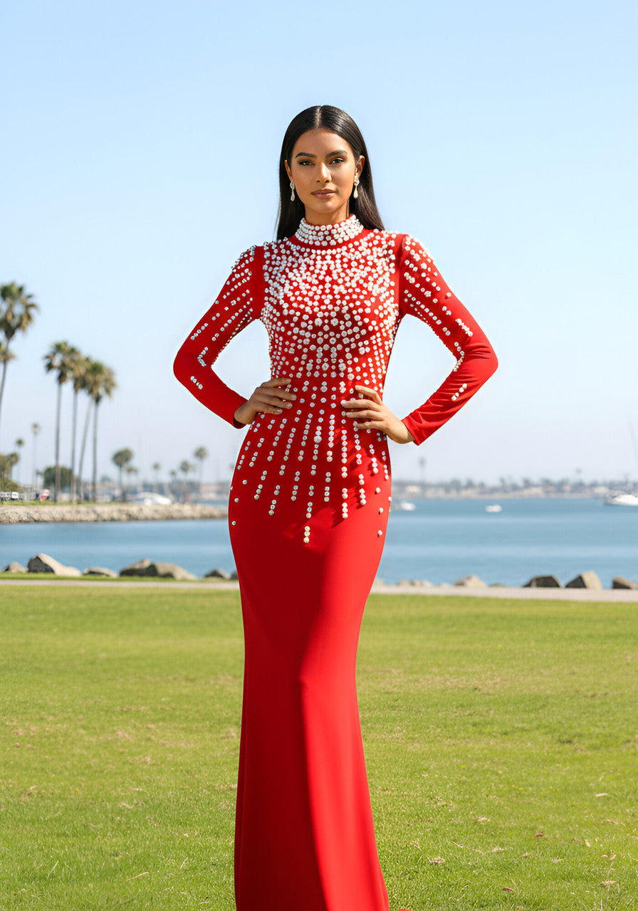 Long Sleeve Pearl Backless Maxi Dress Red