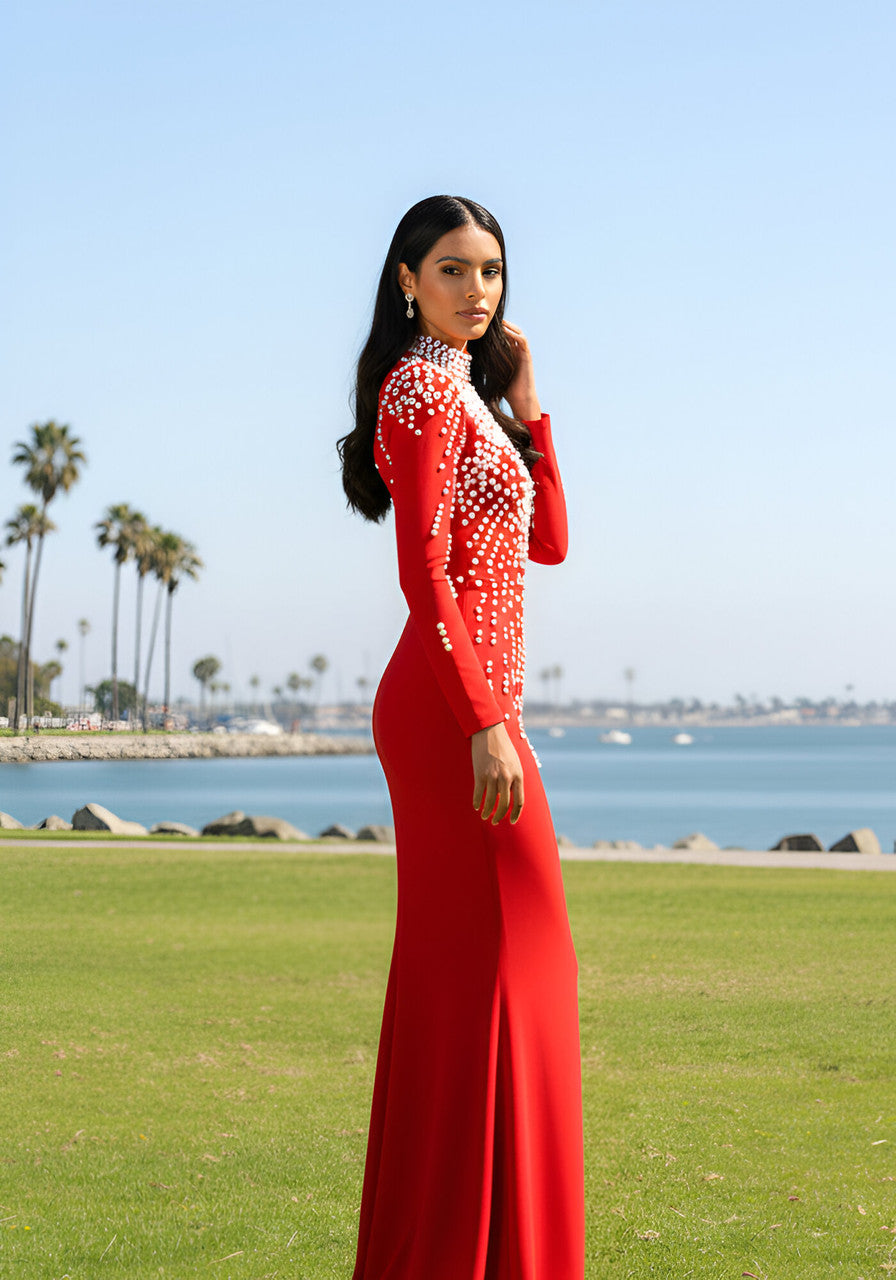 Long Sleeve Pearl Backless Maxi Dress Red
