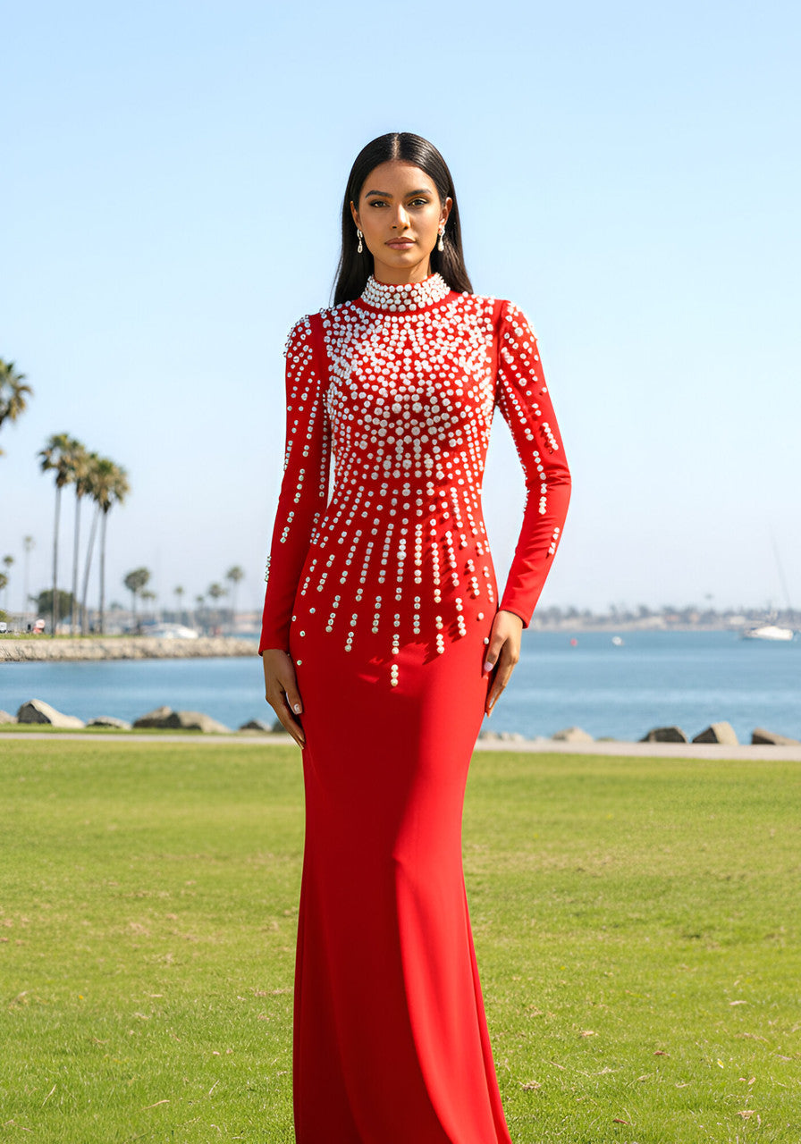Long Sleeve Pearl Backless Maxi Dress Red