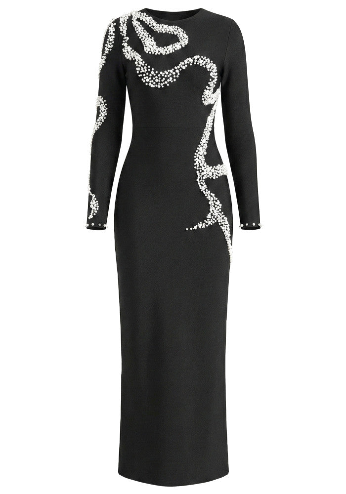 Long Sleeve Pearl Crystal Maxi Dress Black