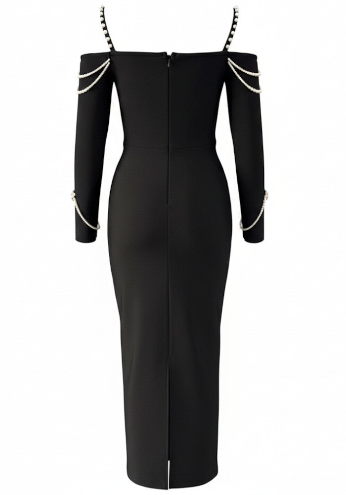 Long Sleeve Bardot Pearl Crystal Maxi Dress Black