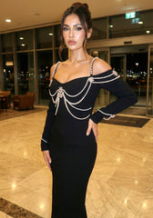 Long Sleeve Bardot Pearl Crystal Maxi Dress Black