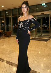 Long Sleeve Bardot Pearl Crystal Maxi Dress Black