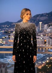 Long Sleeve Pearl Maxi Velvet Dress Black