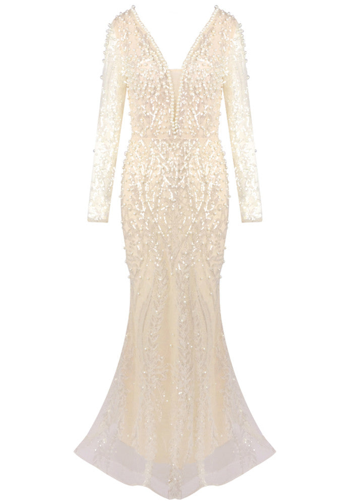 Long Sleeve Pearl Sequin Maxi Dress Ivory