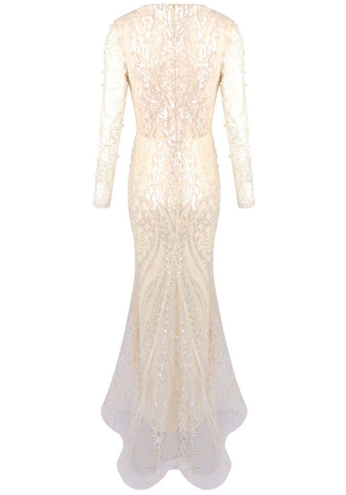 Long Sleeve Pearl Sequin Maxi Dress Ivory