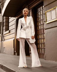 Long Sleeve Pearl Silk Suit White