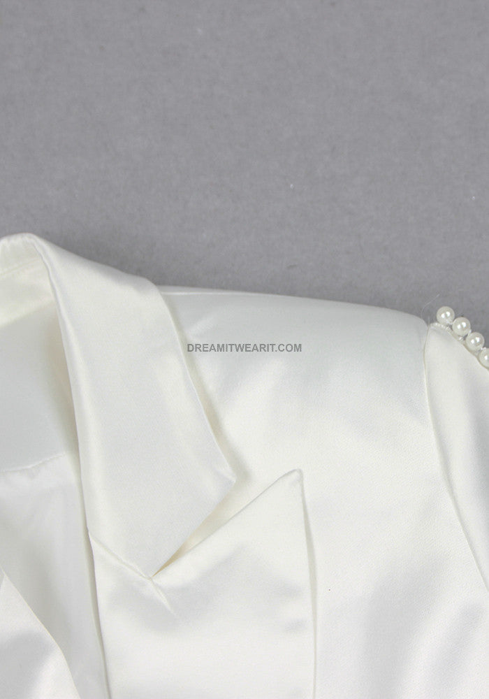 Long Sleeve Pearl Silk Suit White