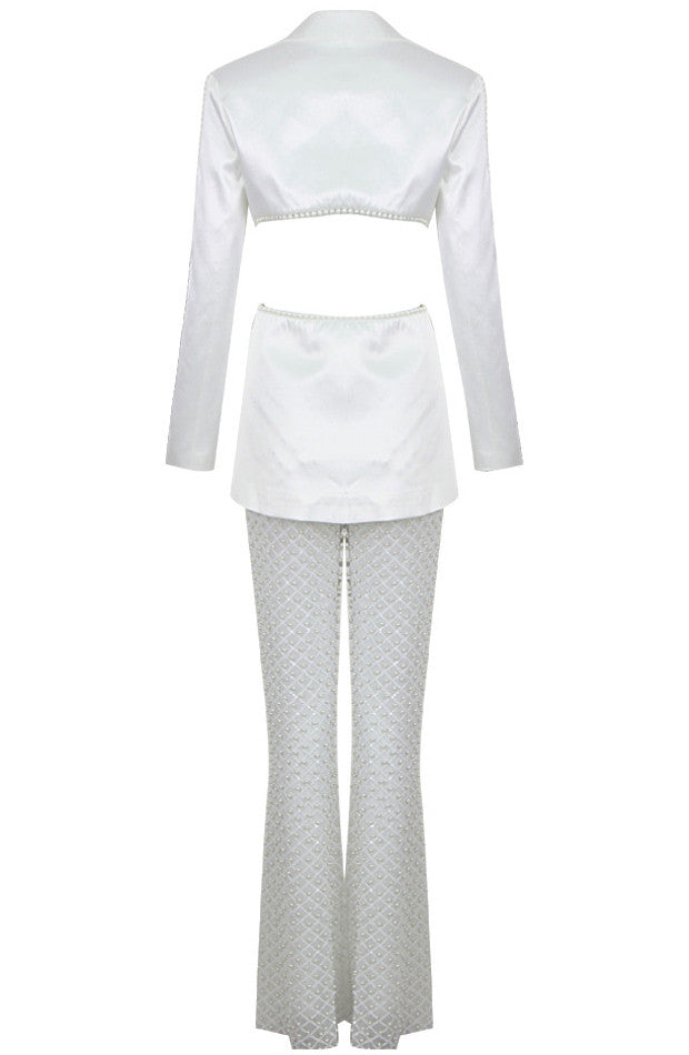 Long Sleeve Pearl Silk Suit White