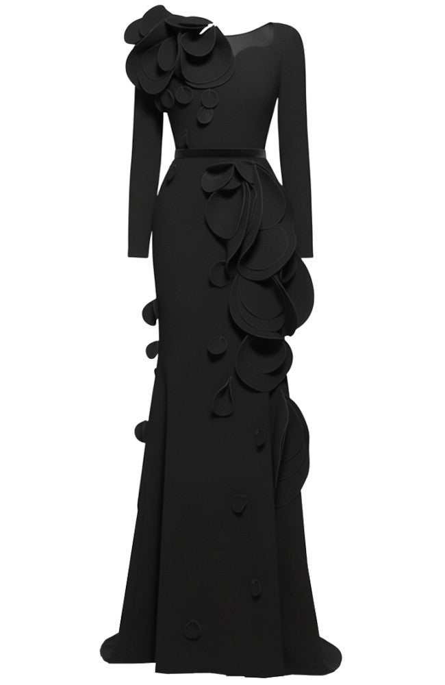 Long Sleeve Petal Detail Maxi Dress Black