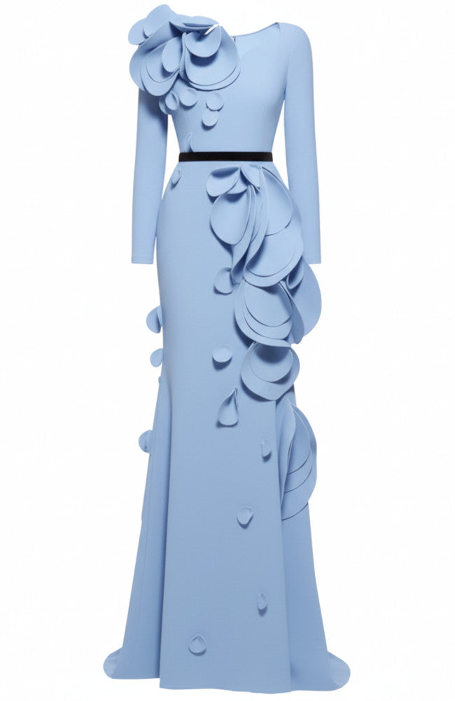 Long Sleeve Petal Detail Maxi Dress Blue