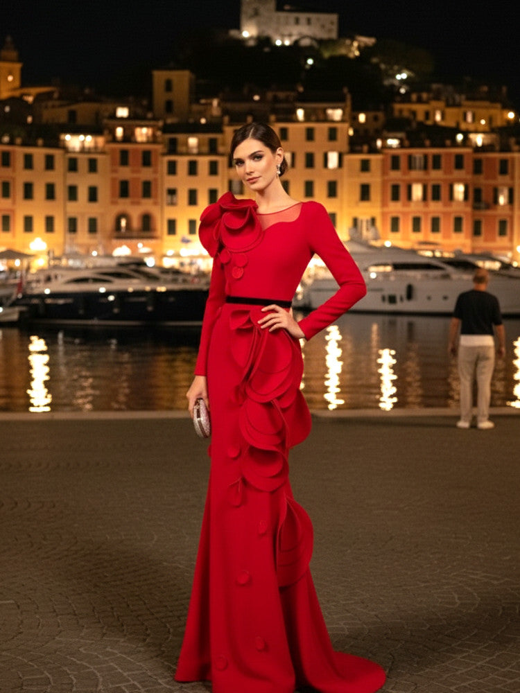 Long Sleeve Petal Detail Maxi Dress Red