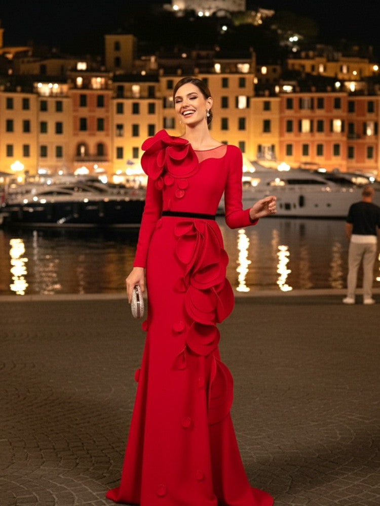 Long Sleeve Petal Detail Maxi Dress Red