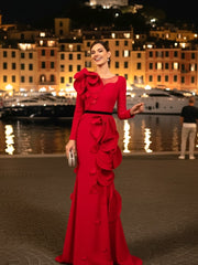 Long Sleeve Petal Detail Maxi Dress Red
