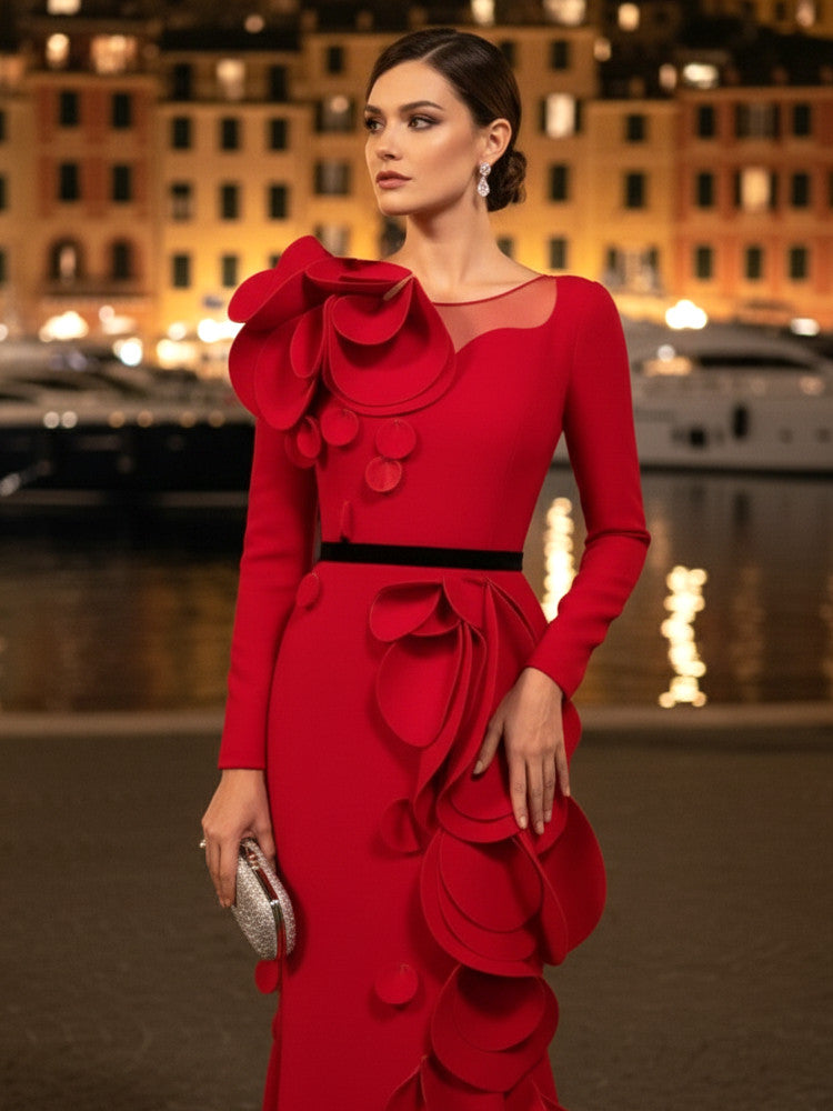 Long Sleeve Petal Detail Maxi Dress Red