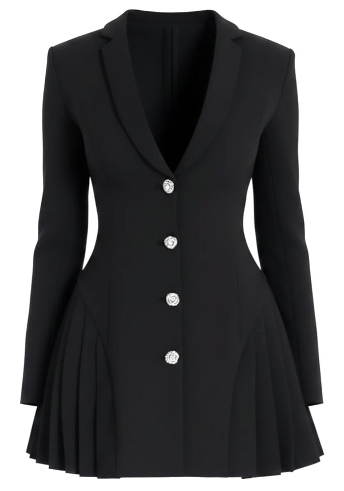 Long Sleeve Pleated A Line Blazer Dress Black