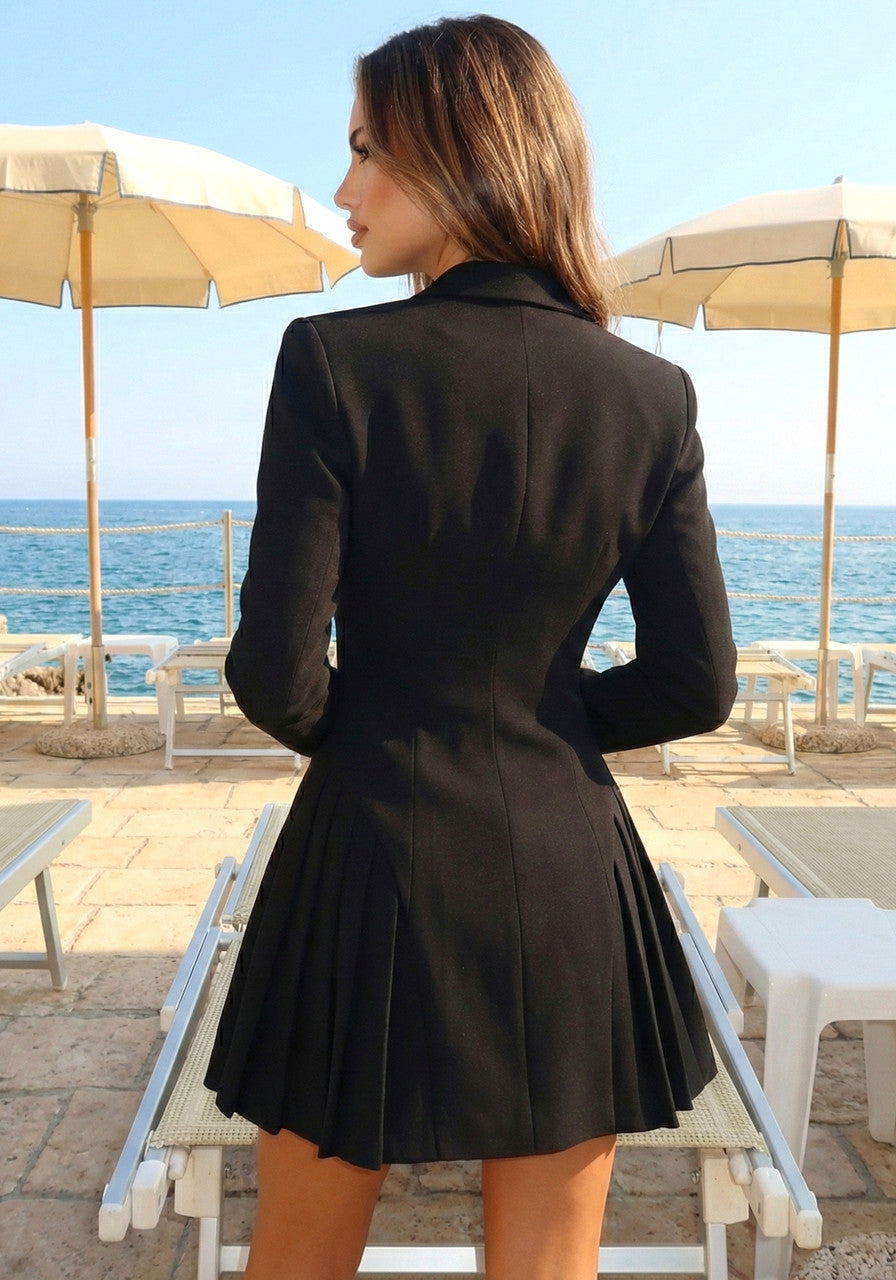 Long Sleeve Pleated A Line Blazer Dress Black