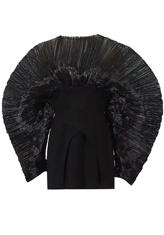 Long Sleeve Pleated Puff Dress Black