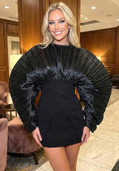 Long Sleeve Pleated Puff Dress Black