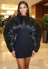 Long Sleeve Pleated Puff Dress Black