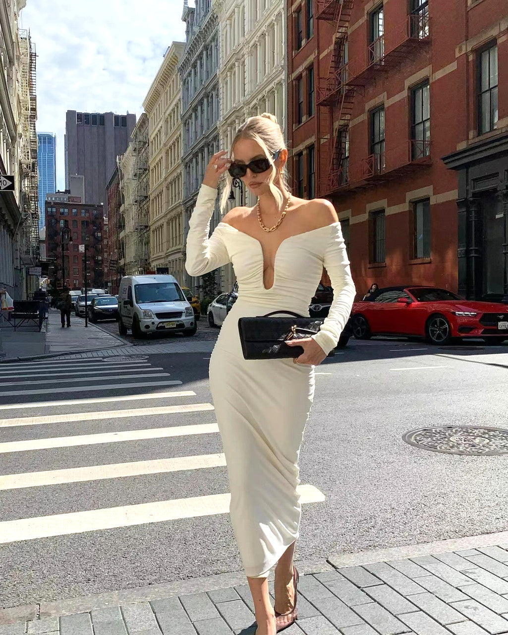 Long Sleeve Ruched Bardot Midi Dress White