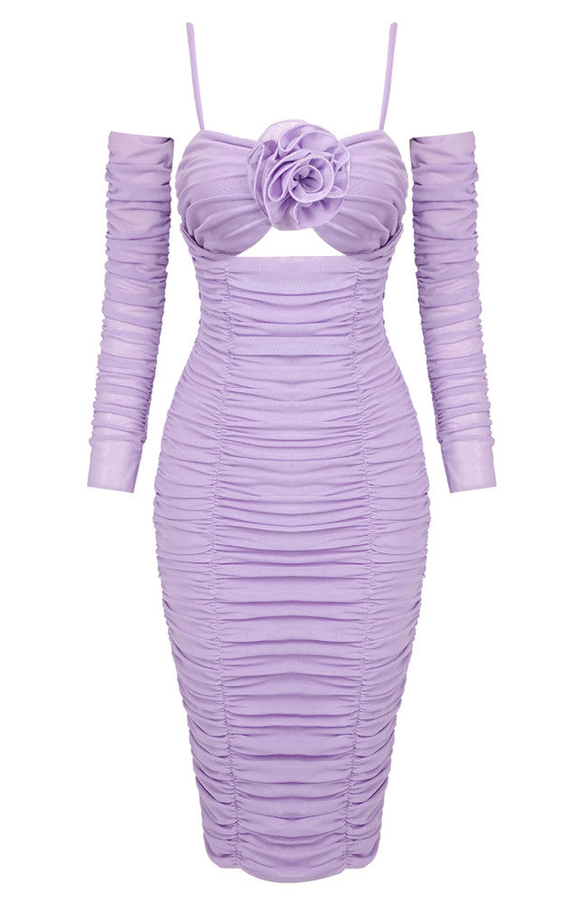 Long Sleeve Ruched Floral Midi Dress Lavender