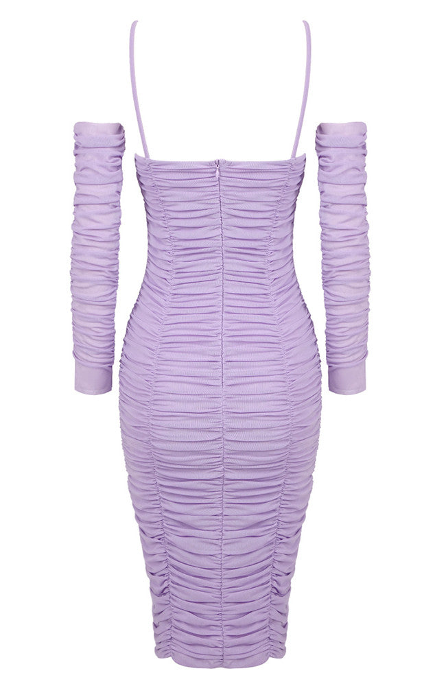 Long Sleeve Ruched Floral Midi Dress Lavender