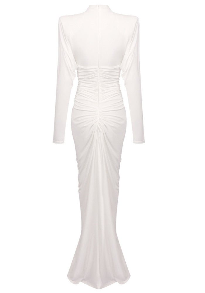 Long Sleeve Draped Structured Maxi Dress White