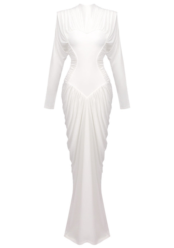Long Sleeve Draped Structured Maxi Dress White
