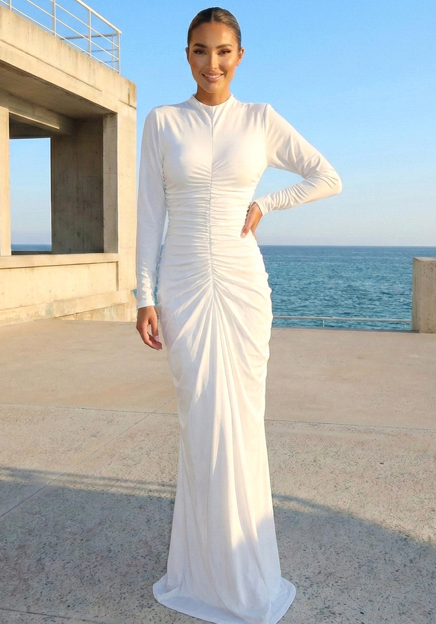 Long Sleeve Draped Structured Maxi Dress White