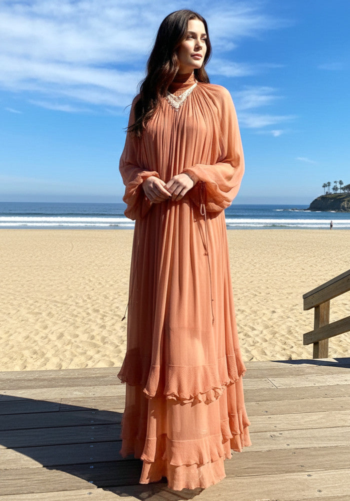 Long Sleeve Ruffle Maxi Dress Coral Pink