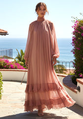 Long Sleeve Ruffle Maxi Dress Coral Pink