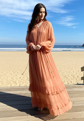 Long Sleeve Ruffle Maxi Dress Coral Pink