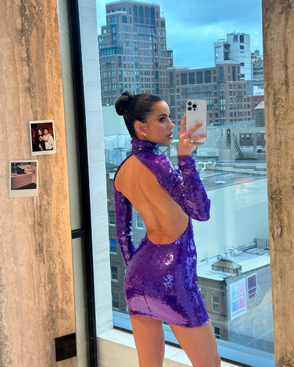 Long Sleeve Sequin Backless Dress Purple
