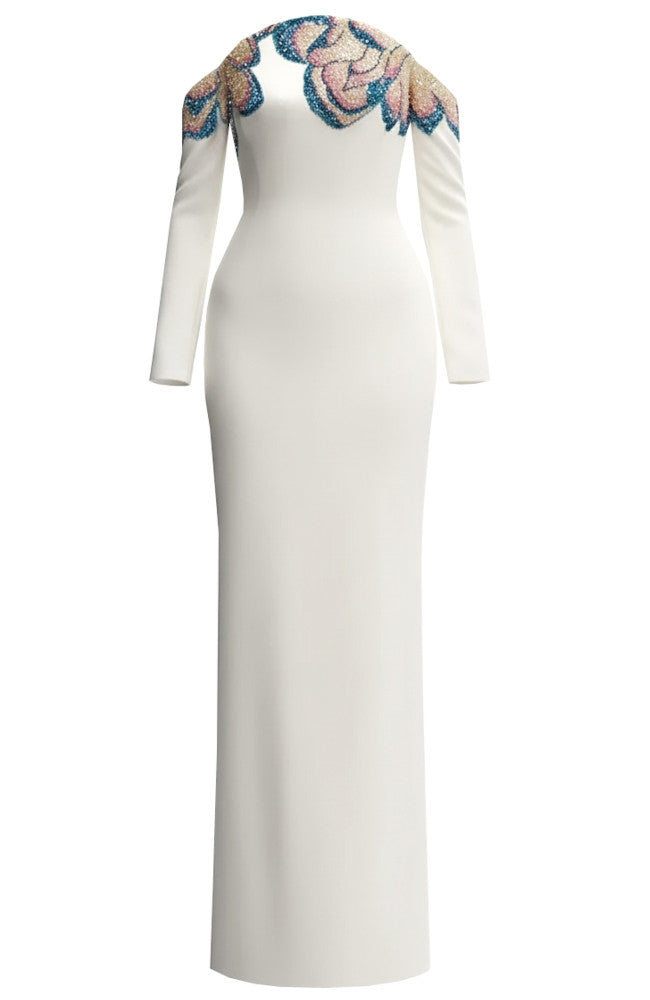 Long Sleeve Sequin Bardot Maxi Dress White