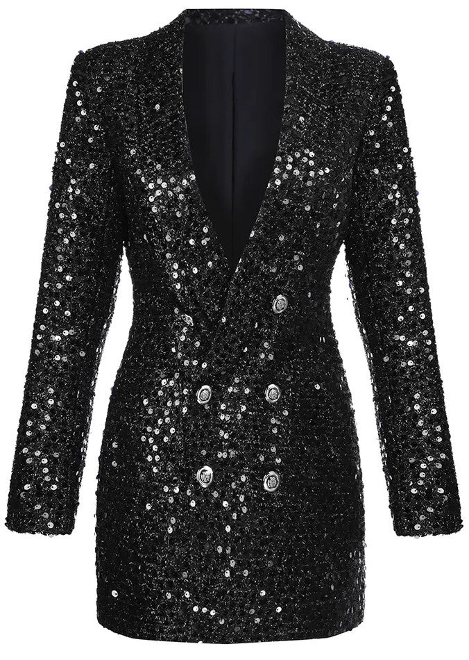 Long Sleeve Sequin Blazer Dress Black
