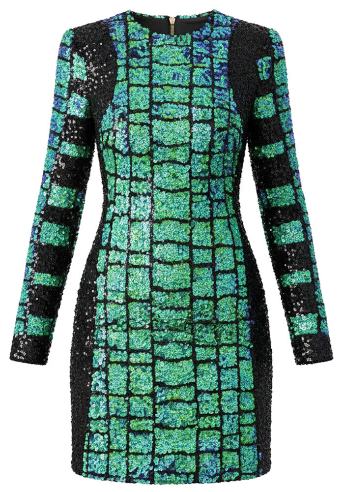 Long Sleeve Sequin Dress Green Black