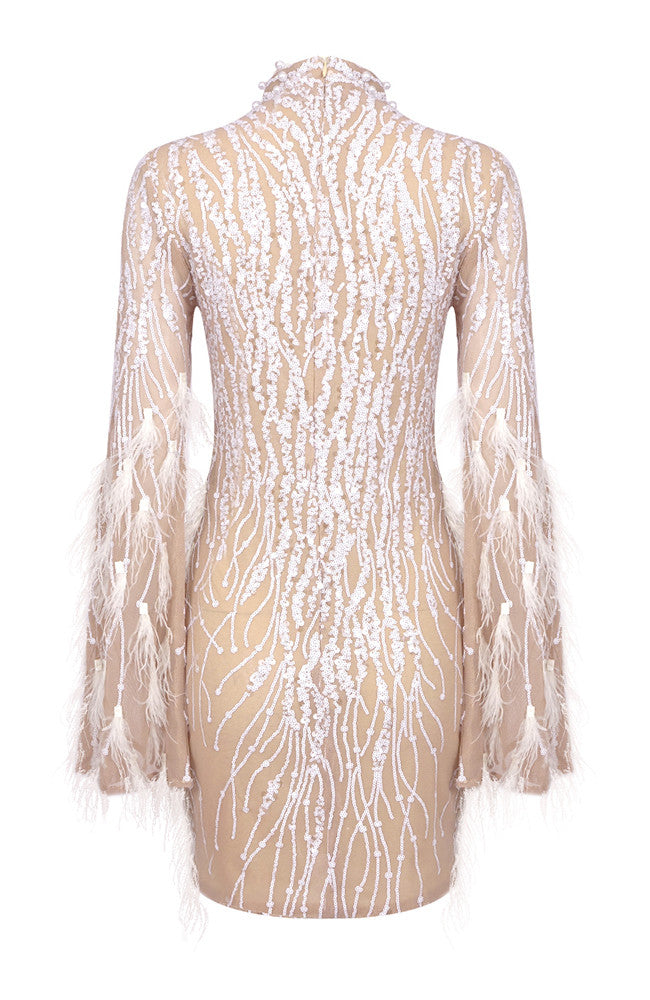 Long Sleeve Feather Sequin Dress White Nude