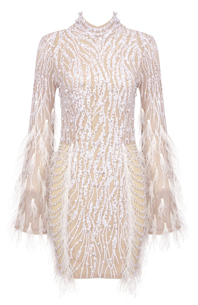 Long Sleeve Feather Sequin Dress White Nude