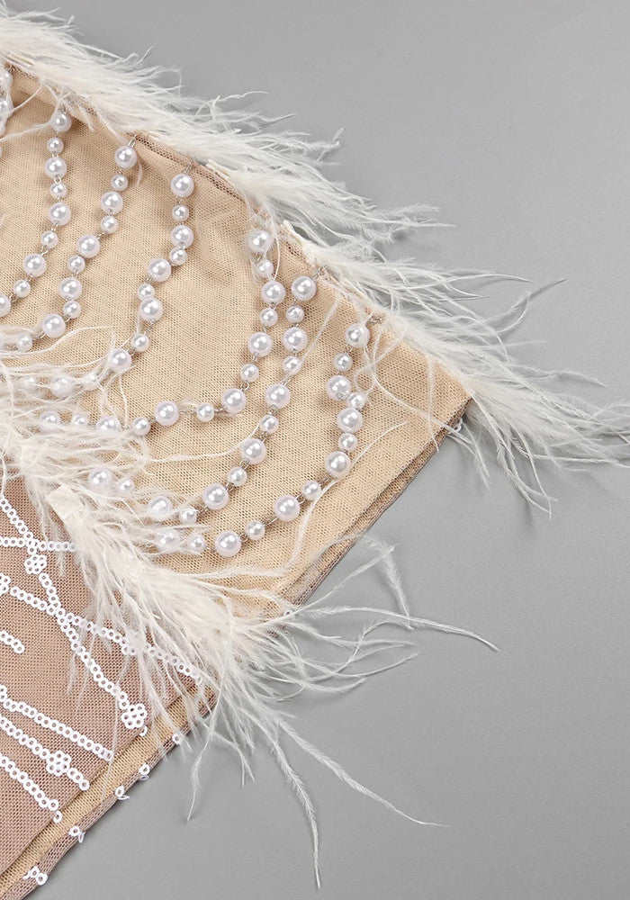 Long Sleeve Feather Sequin Dress White Nude