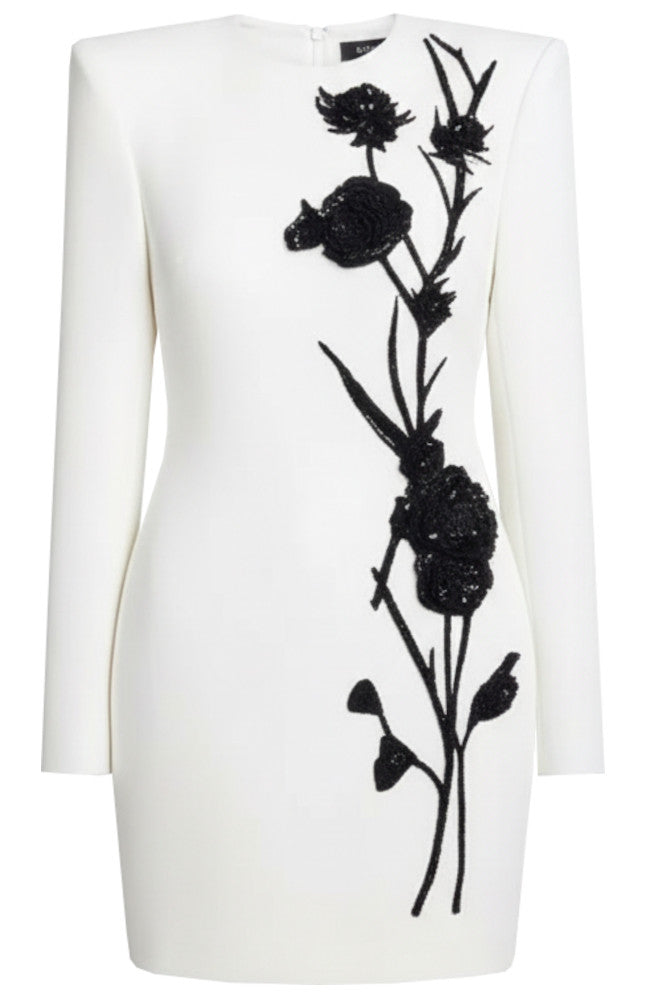 Long Sleeve Sequin Floral Detail Dress White