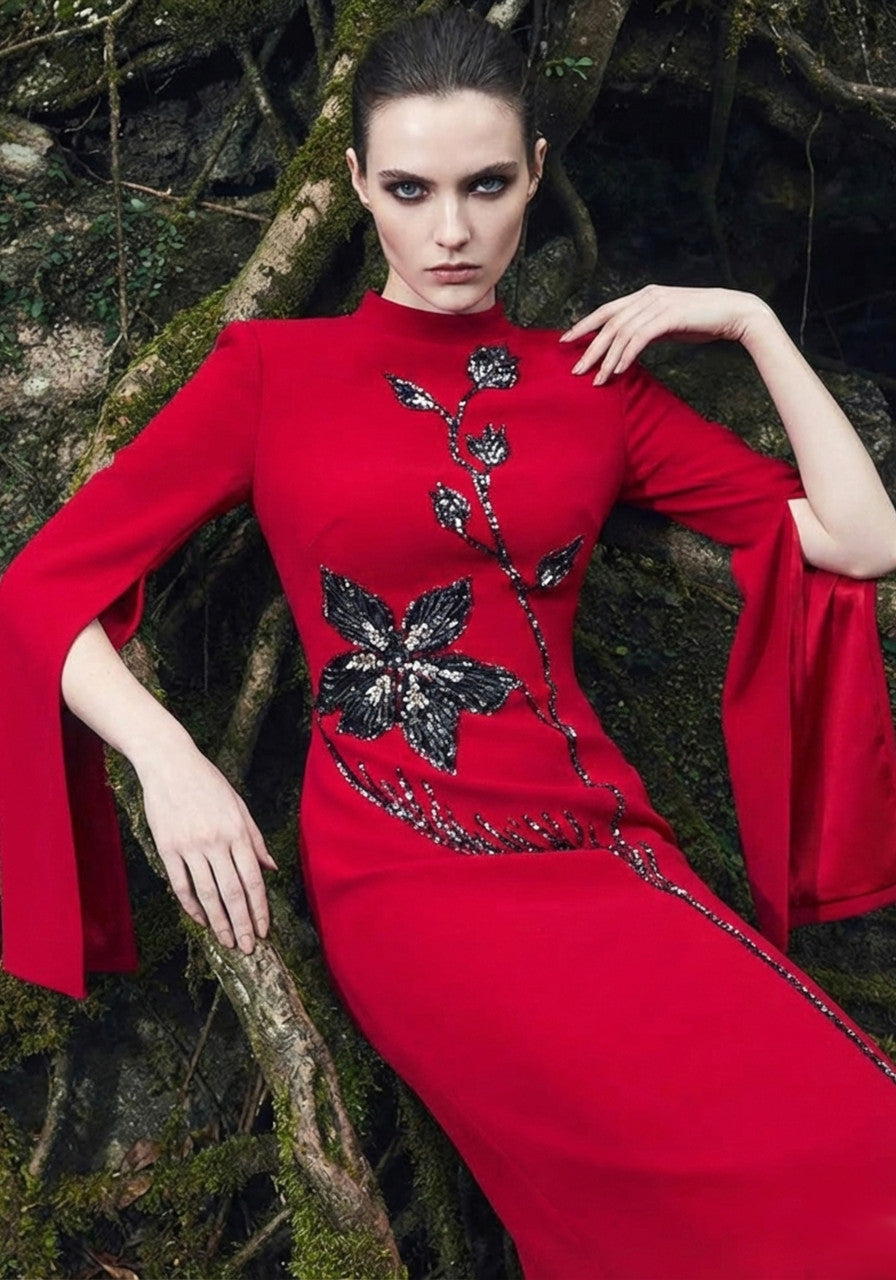 Long Sleeve Sequin Floral Maxi Dress Red