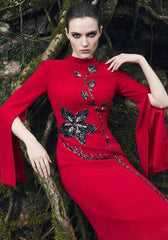 Long Sleeve Sequin Floral Maxi Dress Red