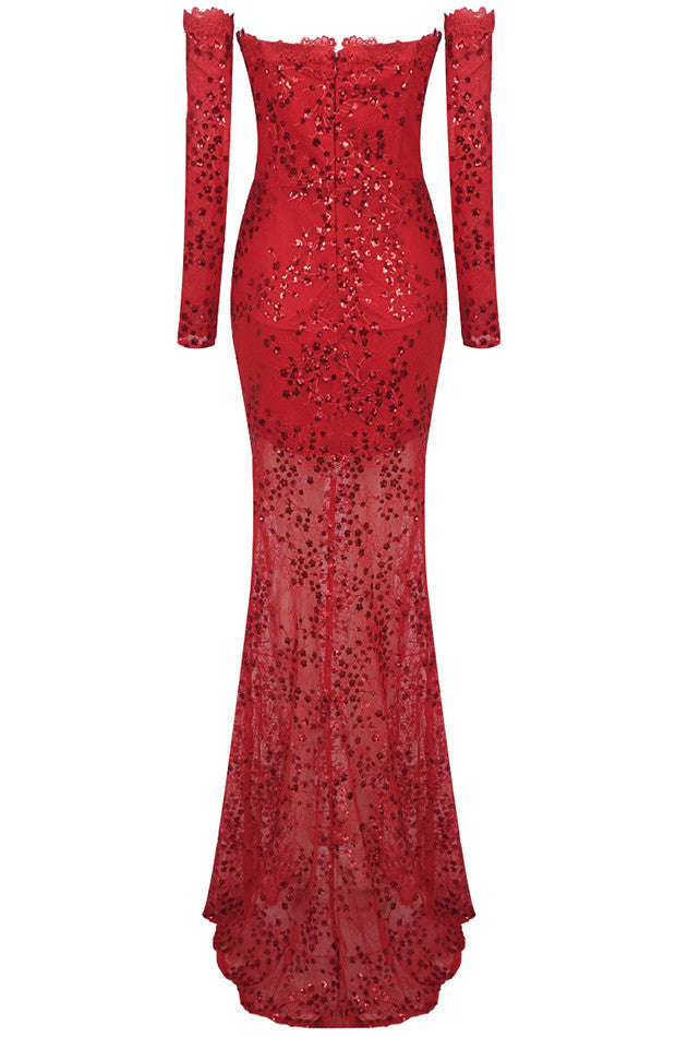 Long Sleeve Sequin Lace Corset Maxi Dress Red