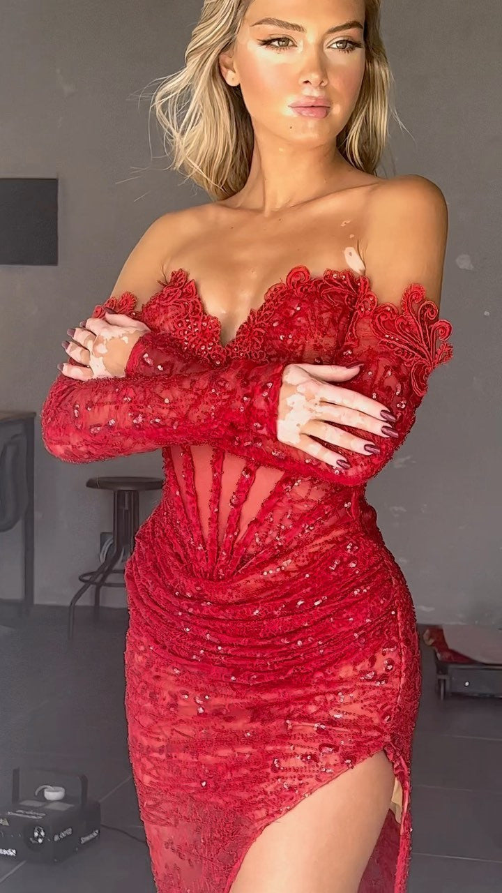 Long Sleeve Sequin Lace Corset Maxi Dress Red