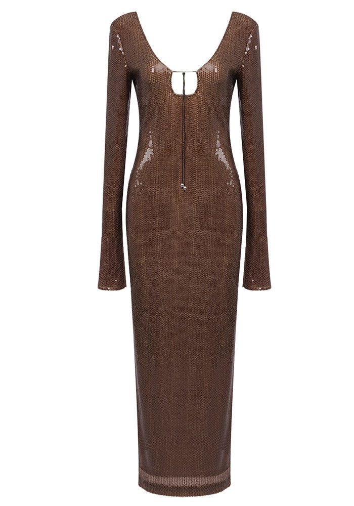 Long Sleeve Sequin Maxi Dress Brown