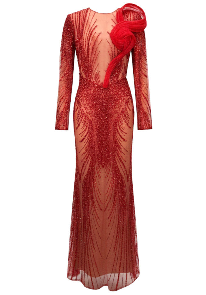 Long Sleeve Sequin Mesh Maxi Dress Red