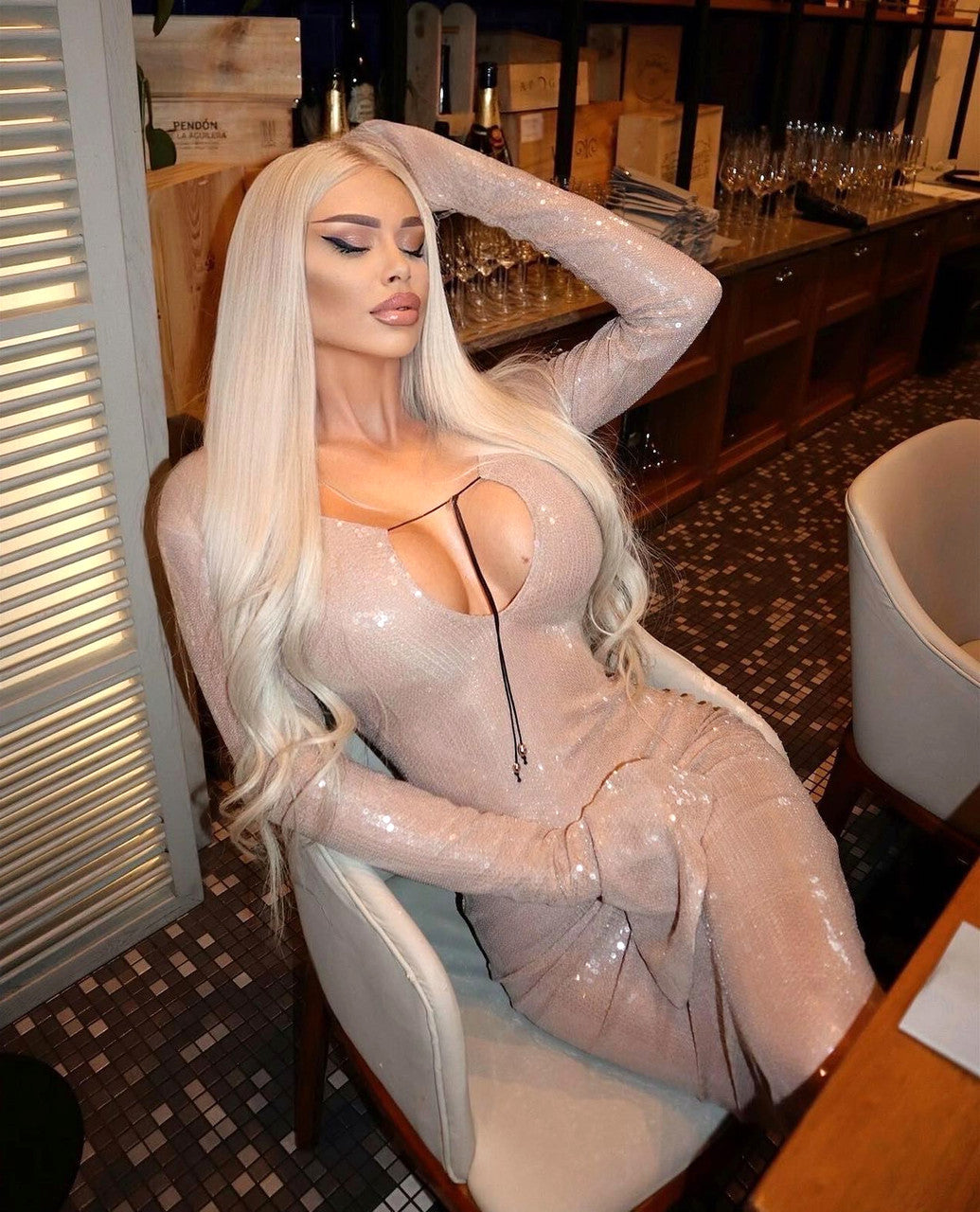 Long Sleeve Sequin Backless Midi Dress Nude